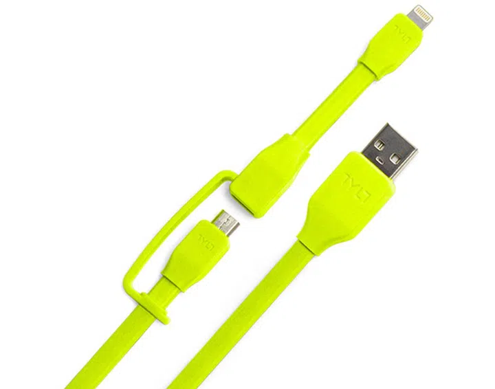 The Tylt Syncable-Duo charging cable is available in blue, black, green, and red colors.