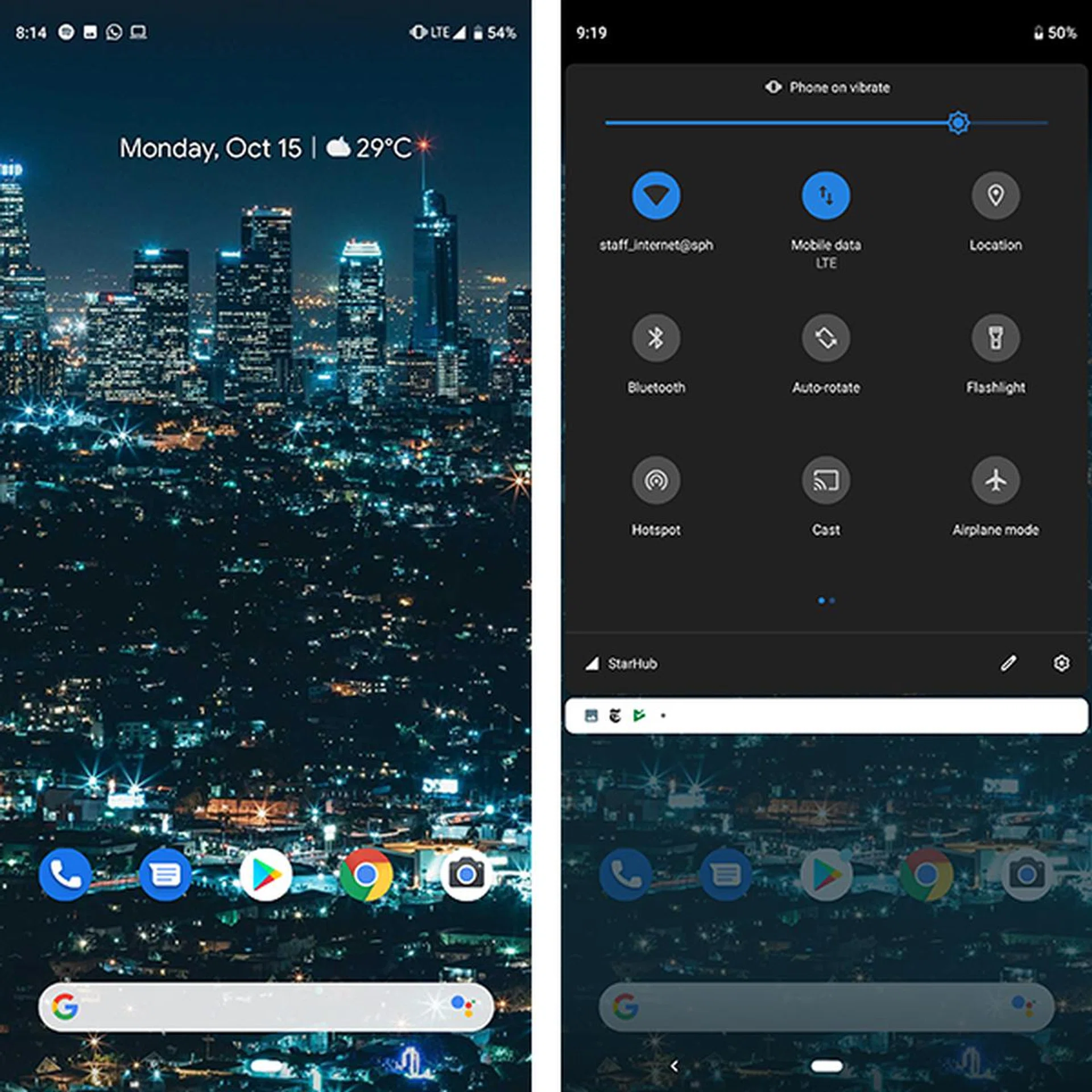 A look at the new pill-shaped home button and the quick settings menu.