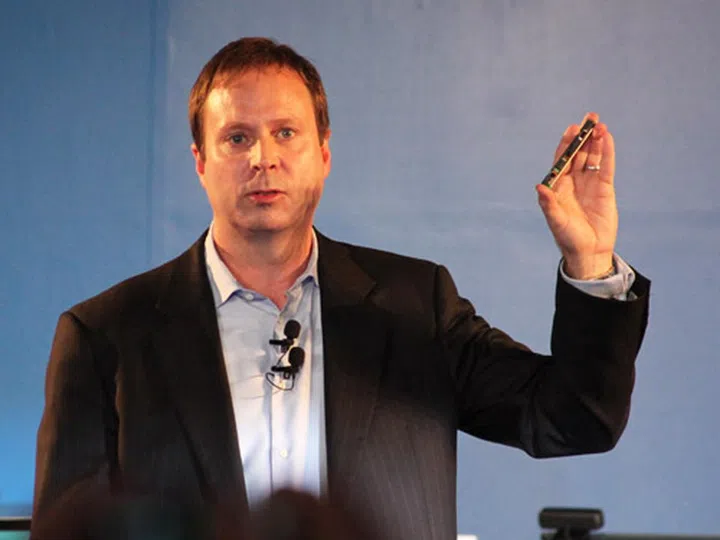 Kirk Skaugen, senior vice president and general manager of Intel's PC Client Group with the 3D depth sensor which will be integrated into Intel-based platforms from the second-half of 2014.