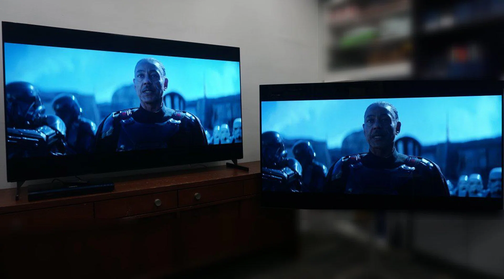 How both TVs coped in a brightly lit room utilising Dolby Vision Vivid mode. (Image credit: The Mandalorian series on Disney+) 