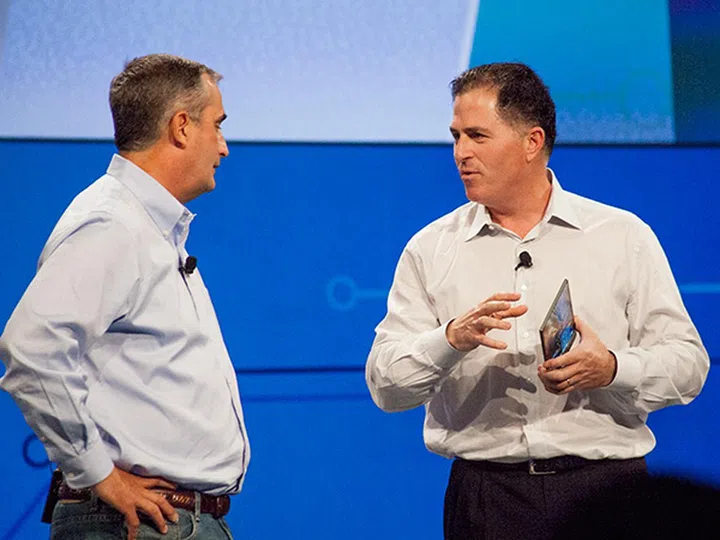 Michael Dell (right) and Brian Krzanich (left) unveiled an upcoming Dell tablet with first-of-its-kind photo capabilities at IDF this morning.