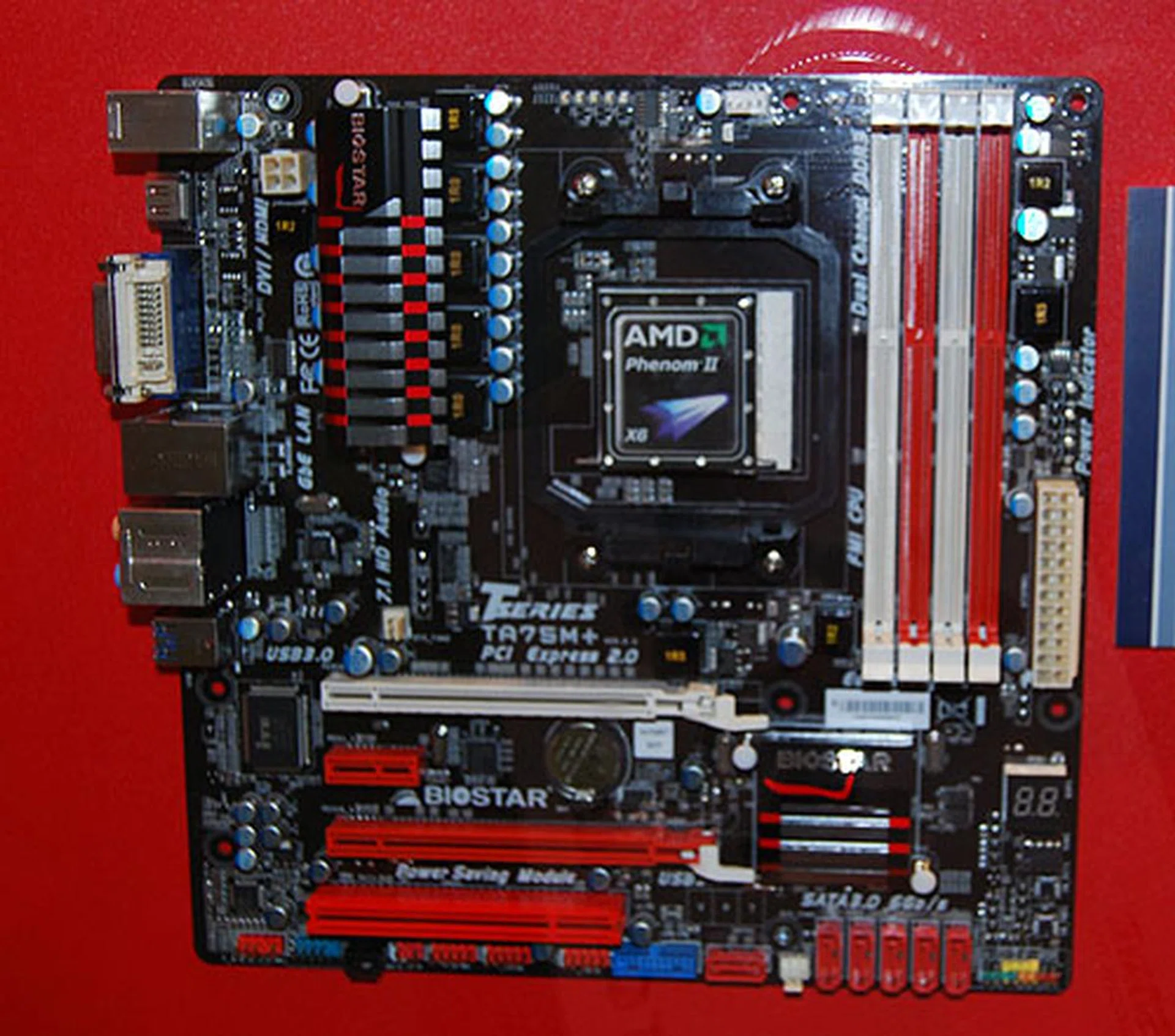 This is the mATX version of the Biostar A75 board, the TA75M+. It has similar features as the ATX version, like two PCIe 2.0 x16 slots, but some of the expansion slots had to go.