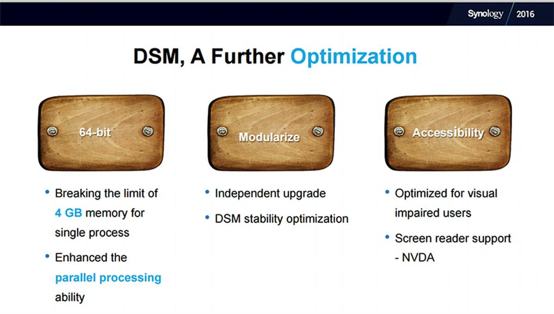 DSM 6.0 enables improved performance thanks to support for 64-bit architectures, in addition to greater flexibility because of the modular nature of upgrades. (Image Source: Synology)