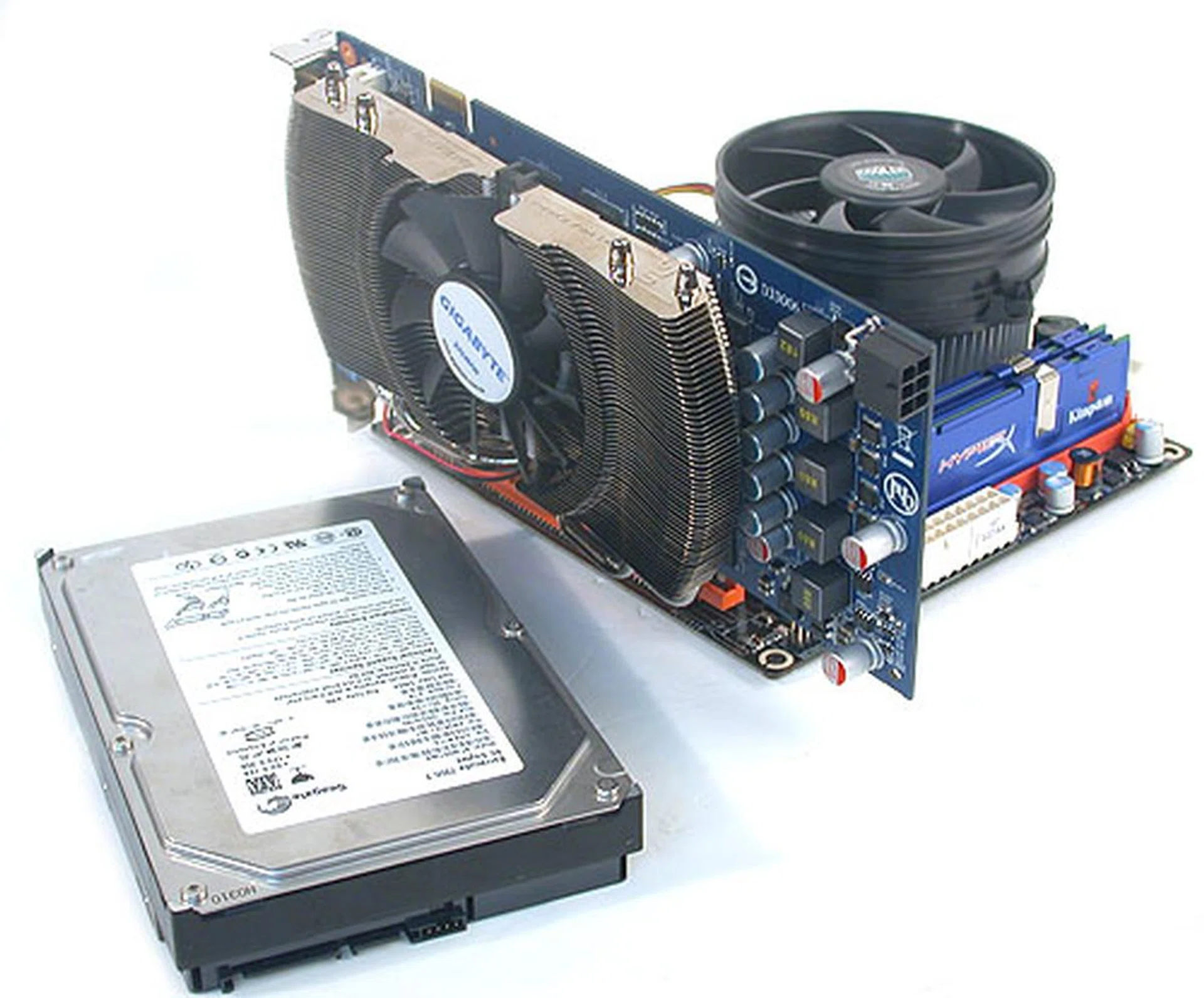 Some of the components that we used to outfit the SG05. This included a dual-slot GeForce GTX 250 graphics card, a Zotac Mini-ITX motherboard with the full complement of memory, a standard dual-core processor with cooler and a 3.5-inch hard drive.