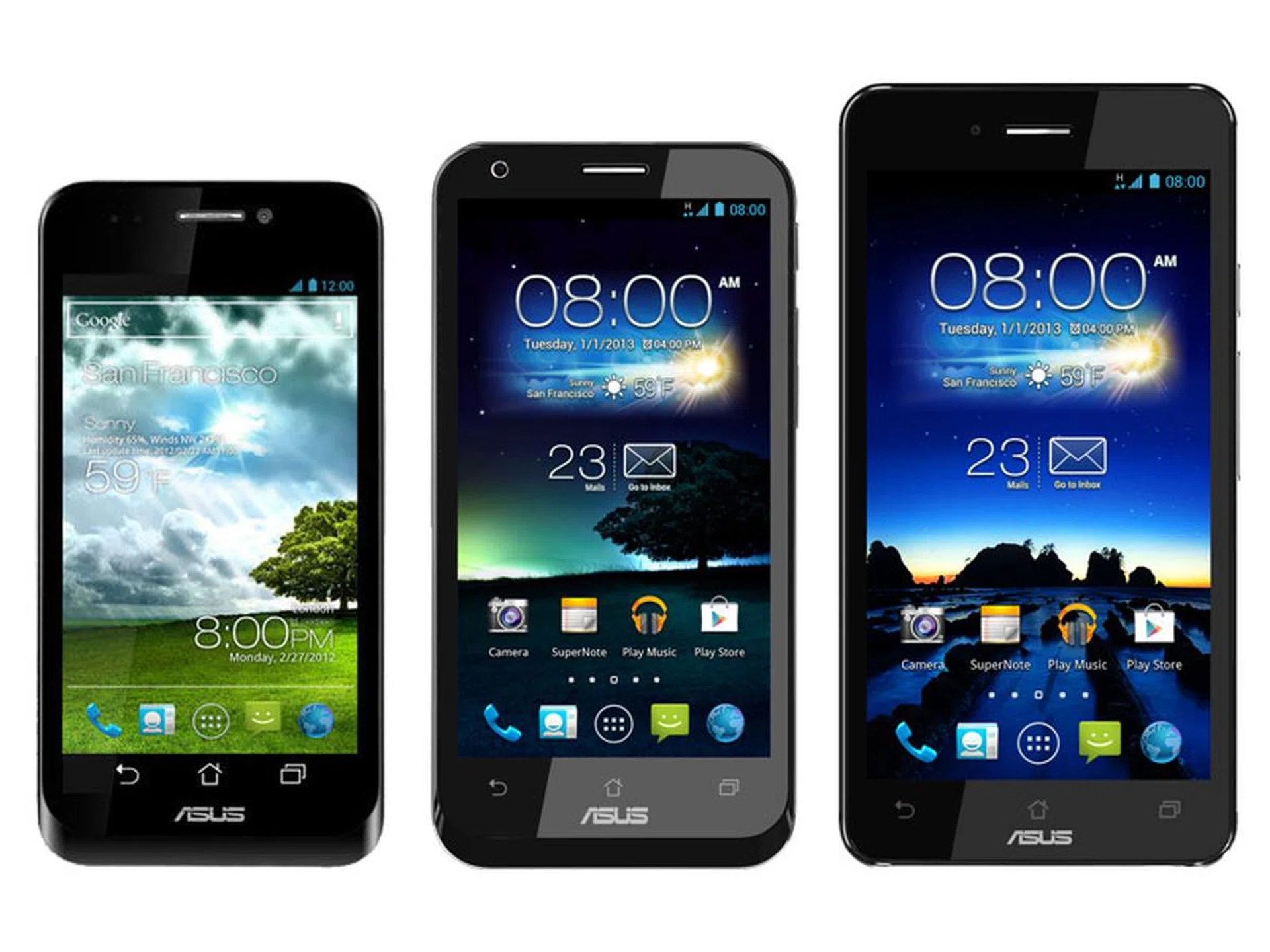 From left to right: ASUS PadFone, PadFone 2 and PadFone Infinity. And  yes, they are to scale as each is larger than the predecessor.
