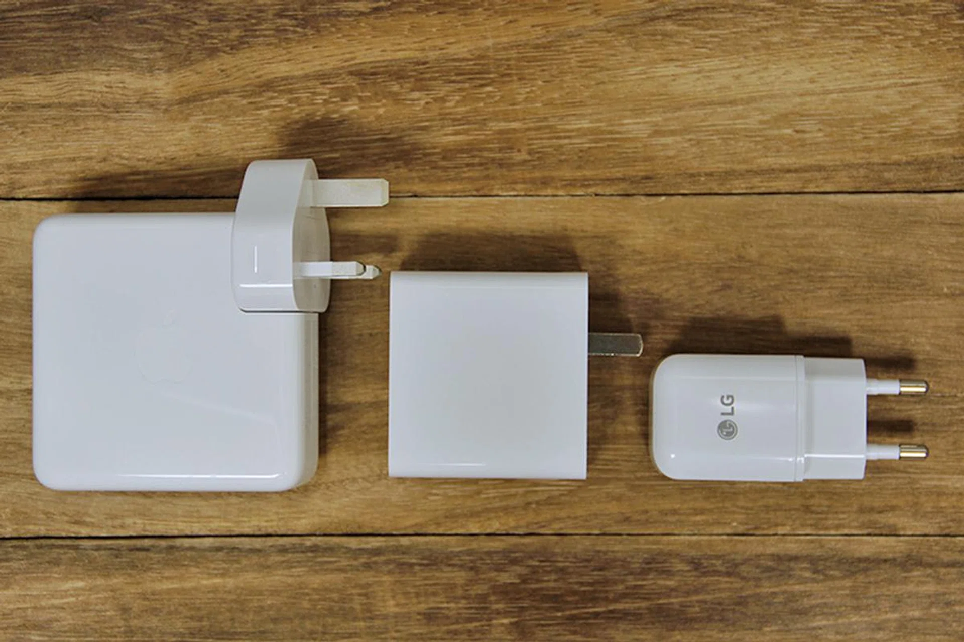 Left to right: Apple 87W USB-C adapter for MacBook Pros, Xiaomi 45W USB-C adapter, LG Fast Charge QC3.0 adapter.