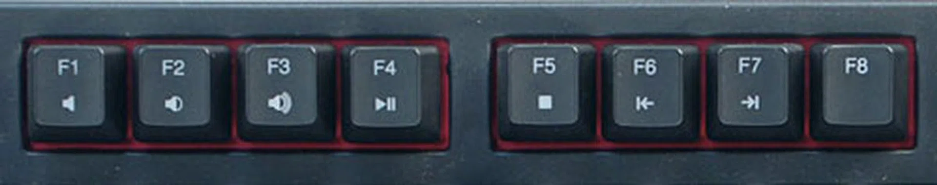 You can control certain media functions using a combination of the Fn key and any of the F1 to F7 keys. Fn + F1 controls the mute function; Fn + F2 or F3 toggles the volume down or up; Fn + F4 plays or pauses the track; Fn + F5 stops it; and Fn + F6 or F7 jumps to the previous or next track.