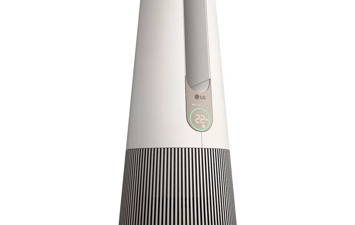 LG PuriCare AeroTower 2-in-1 Purifying Fan Hit (FS15GPBK0). Air goes in from the bottom, flows out from its tuning fork-shaped tower.