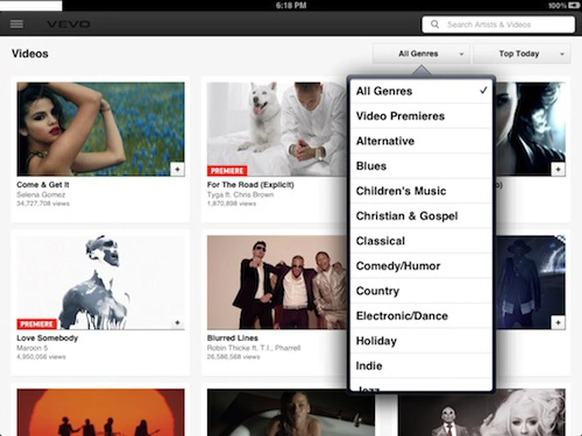 Navigating videos is easy on VEVO HD, where you can view by genres, like alternative, blues, classical, or by the most popular music videos, for the week or month. You can also hit "surprise me" under one of the pulldowns to see what comes up.