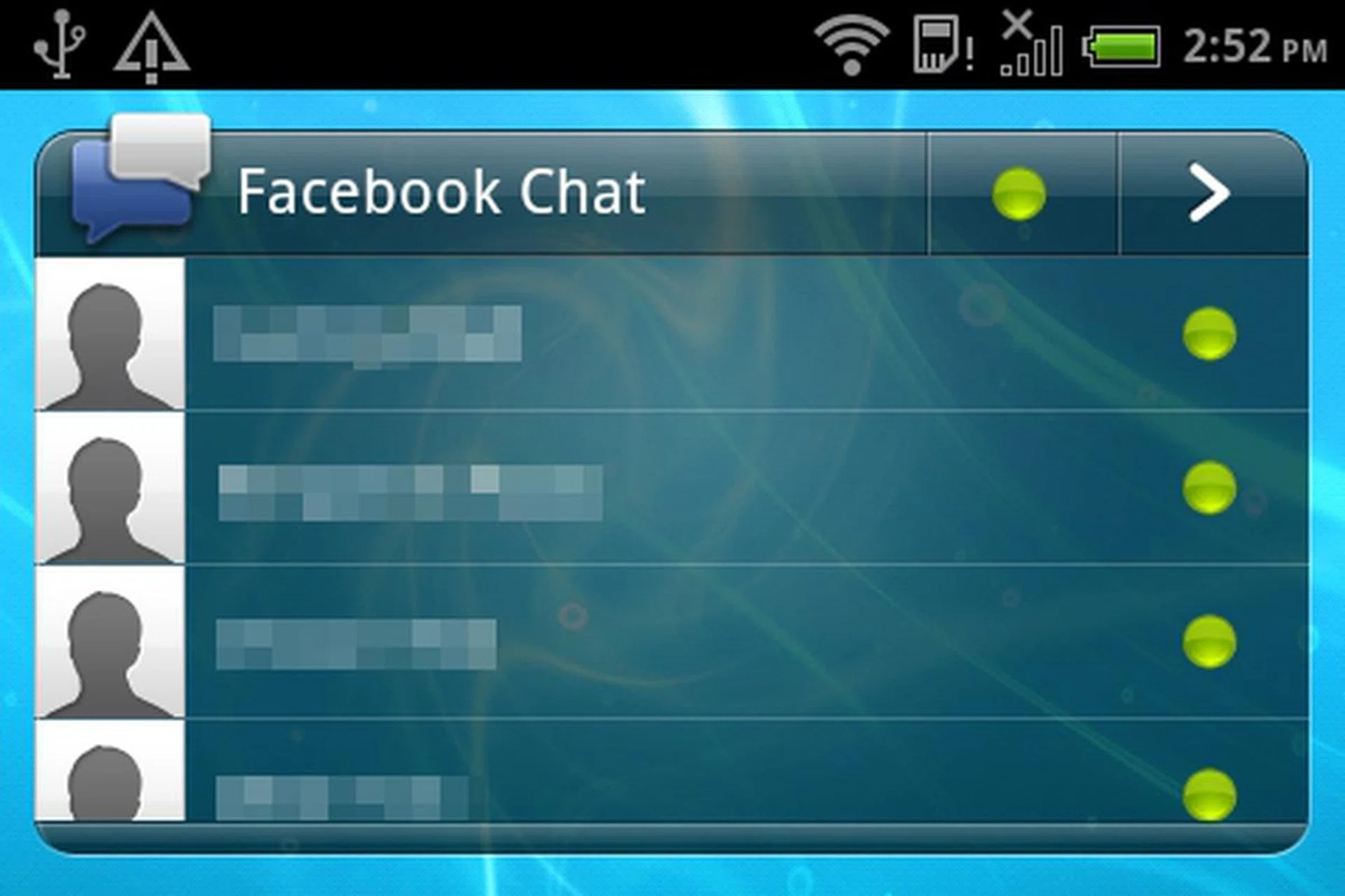 The Facebook Chat widget has a similar interface to the browser variant of Facebook Chat, allowing you to view contacts who are online and/or offline.