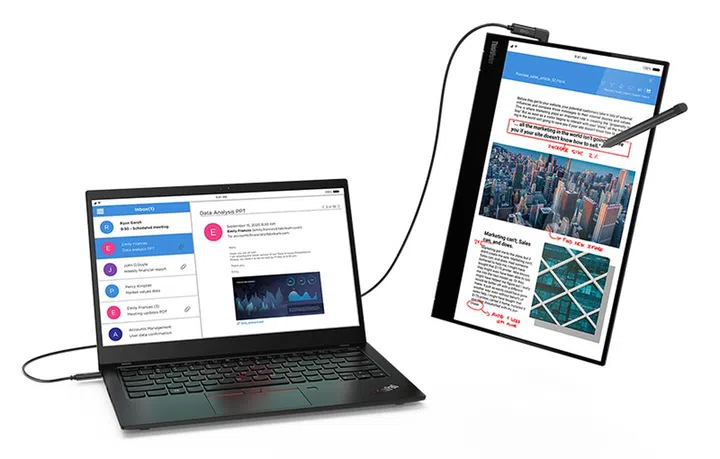 Digital Active Pen (far right) with the ThinkVision M14t (right) and a compatible mobile device.