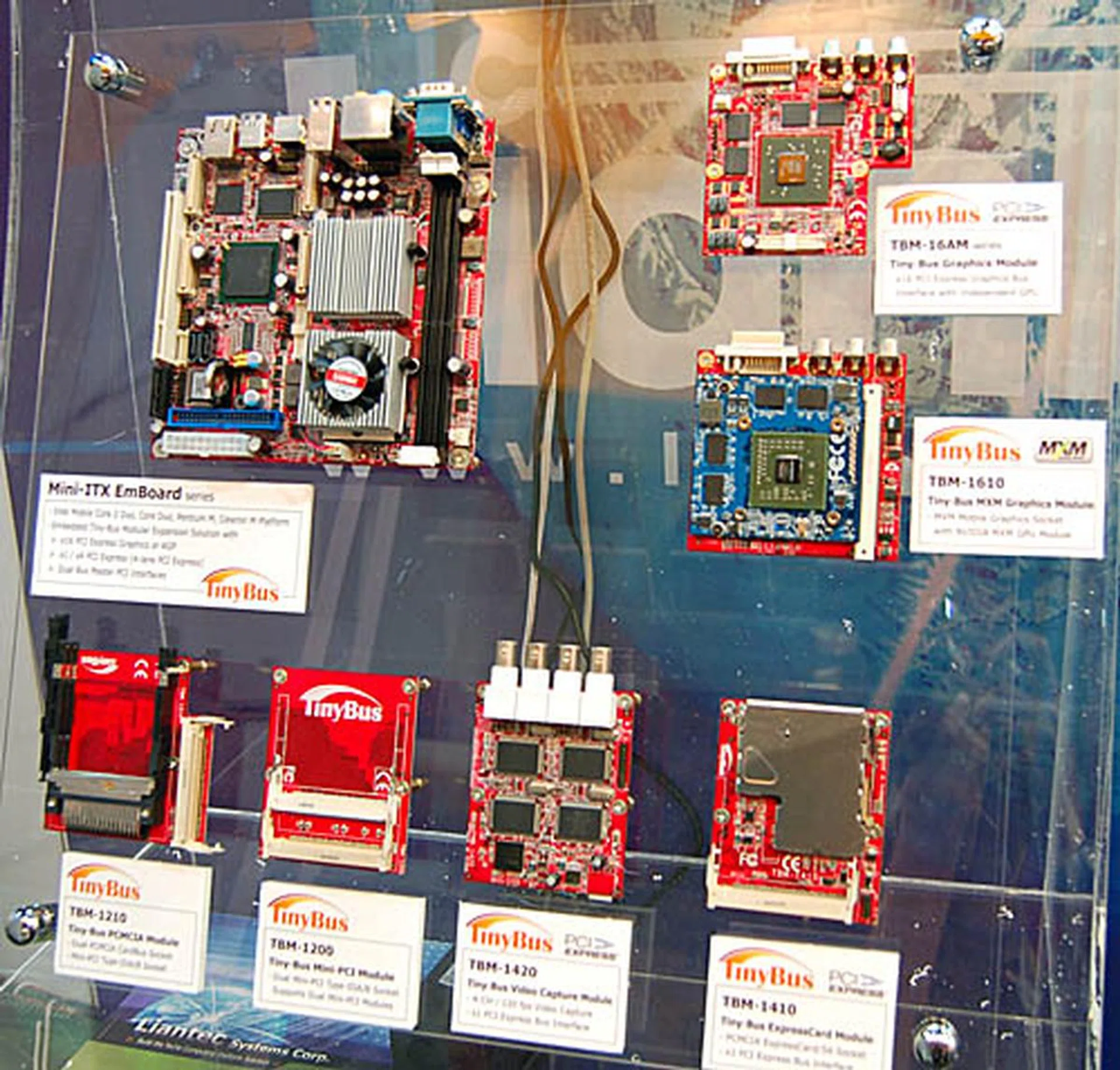  The basic Mini-ITX foundation motherboard of Liantec's embedded system is found on the left, where the processor (up to an Intel Core 2 Duo) is found. Additional functionality is enabled by installing the required TinyBus modules onto the motherboard.  