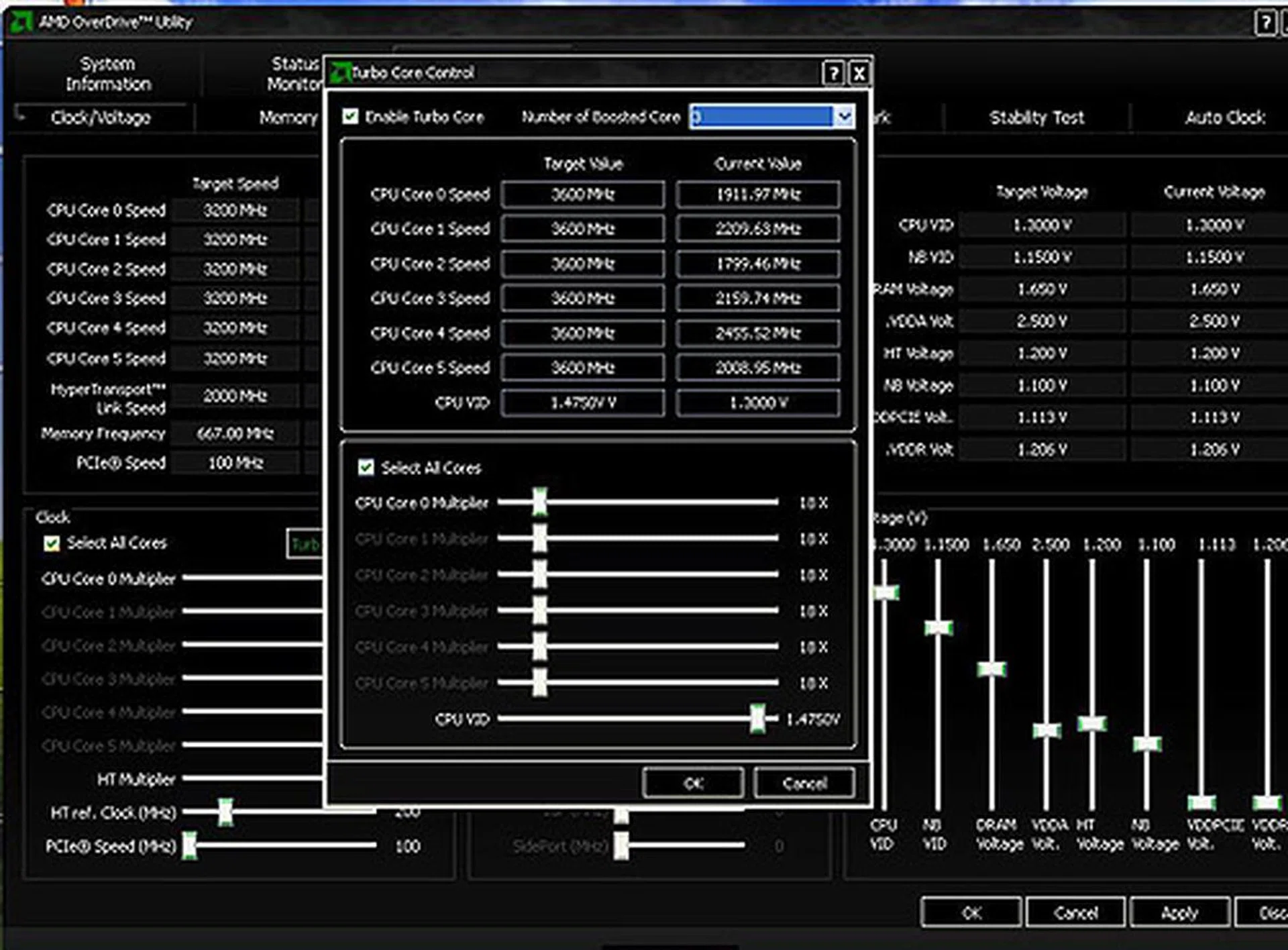 OverDrive can be intimidating for the less experienced user. Watching the clock speeds in real time can be fascinating in itself. It certainly has everything you can wish for in a tweaking utility. Here you can turn off Turbo Core and even adjust the number of cores affected. 