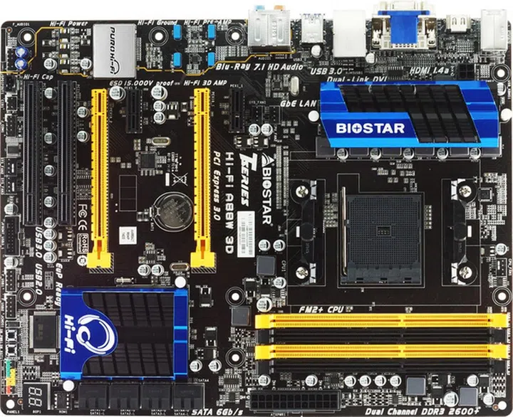 The Biostar Hi-Fi A88W 3D will support AMD's new Godavari APUs and AMD Crossfire. (Image Source: Biostar)