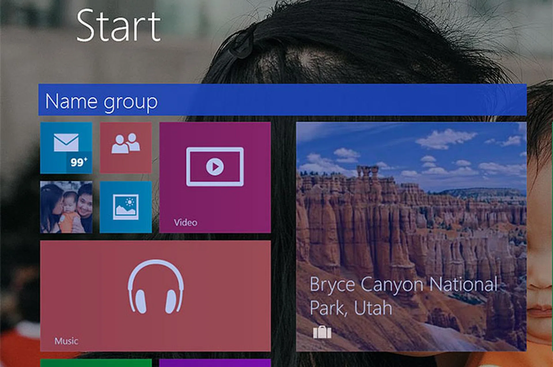 Each of four square tiles at the top left uses a Small tile size. The Video app uses the Medium size, while the Music app uses the Wide size. The giant square tile that is the Travel app uses the Large size.
