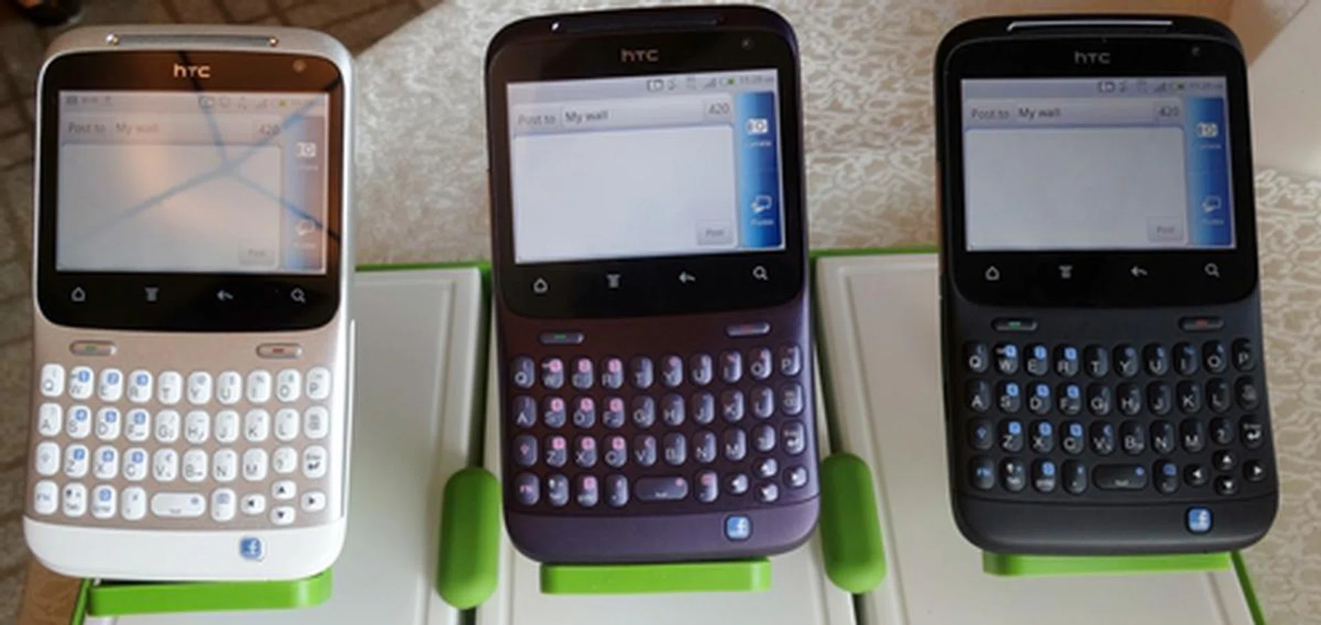 The HTC ChaCha is available in three colors: modern white, amethyst purple and phantom black.