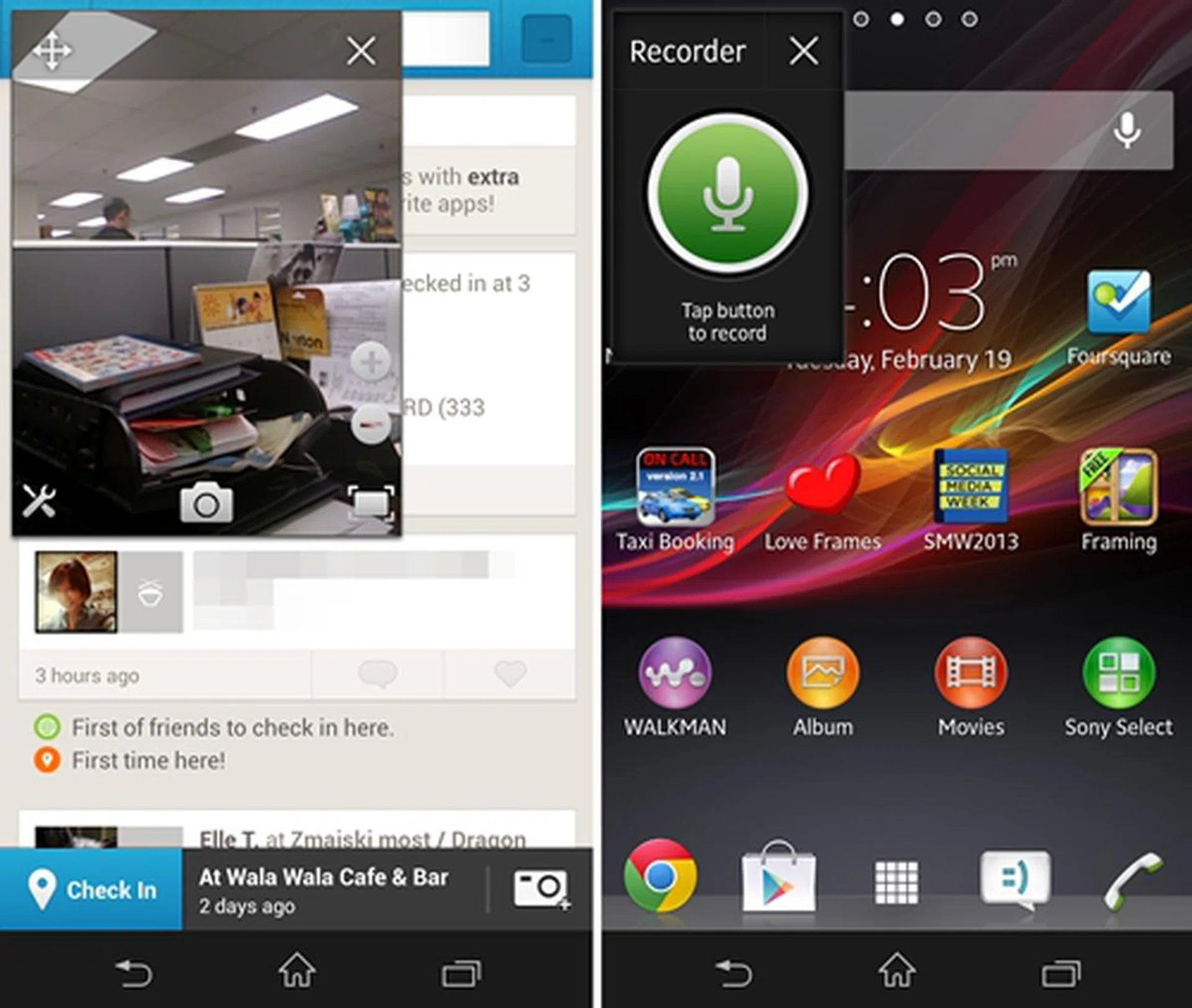 Some examples of small apps at work. On the left, you have a mini-camera window for capturing photos and on the right, to create voice memos.