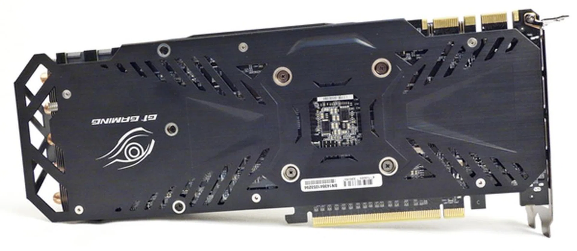 The backplate of the card has cooling vents laid out in an intricate pattern.