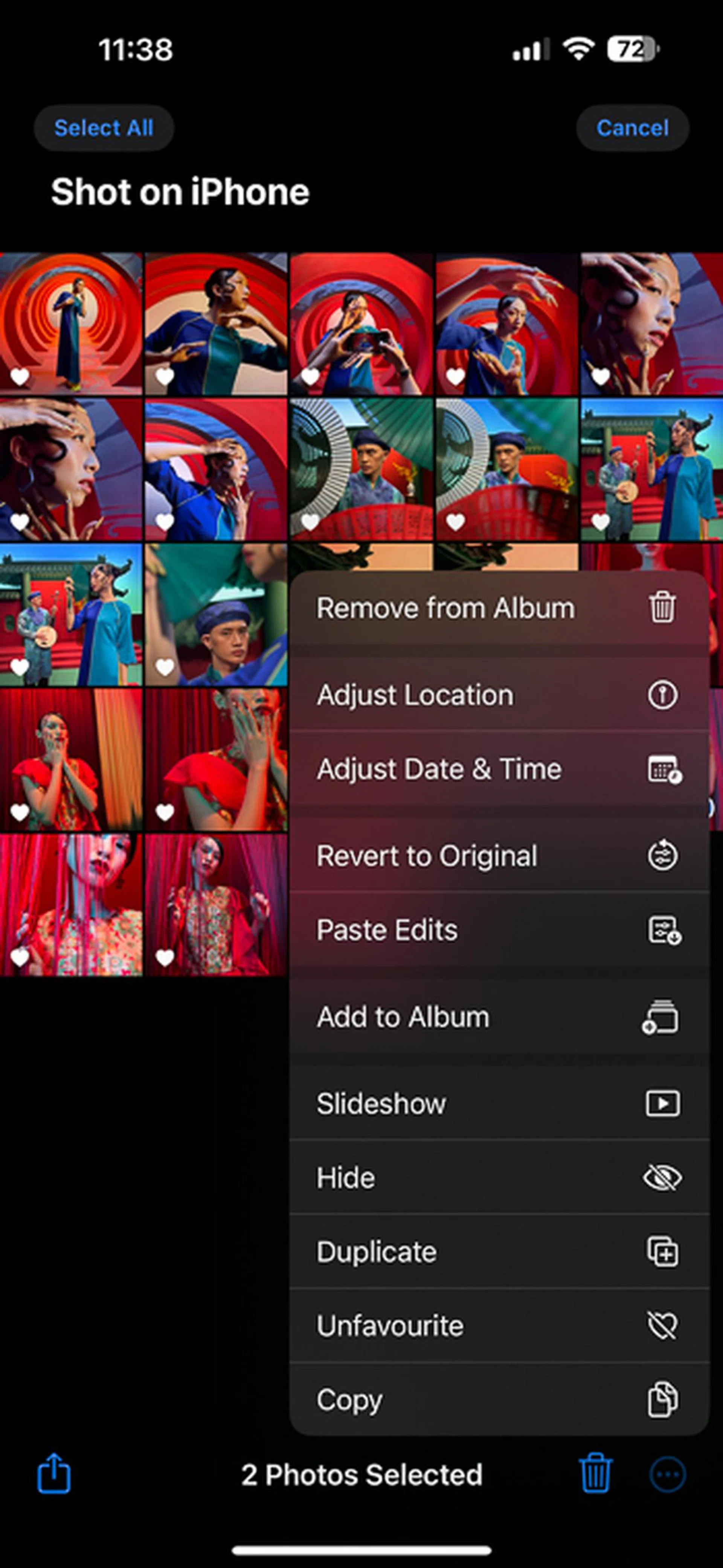 Once photos are selected, "paste edits" will be available.