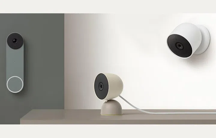 Left to Right: Google Doorbell (battery), second-generation Google Nest Cam (wired), and Google Nest Cam (battery).