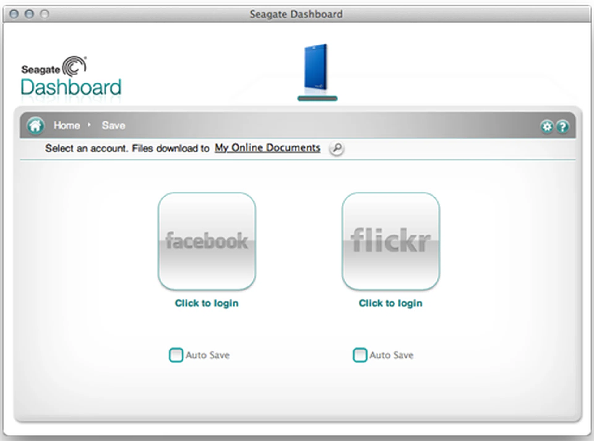The Dashboard application requires you to log in to your Facebook and Flickr account before it can start backing up your content.