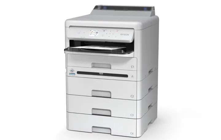 The WF-M5399 with three paper cassettes. Image source: Epson.