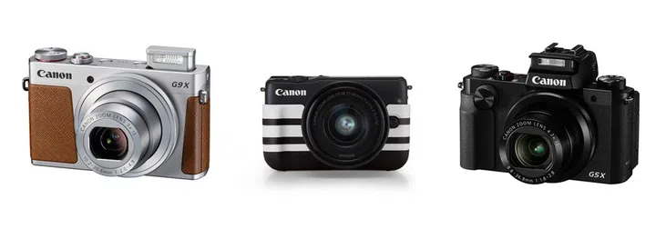 The three digital compact cameras from Canon - PowerShot G9 X, EOS M10, and PowerShot G5 X (left to right)