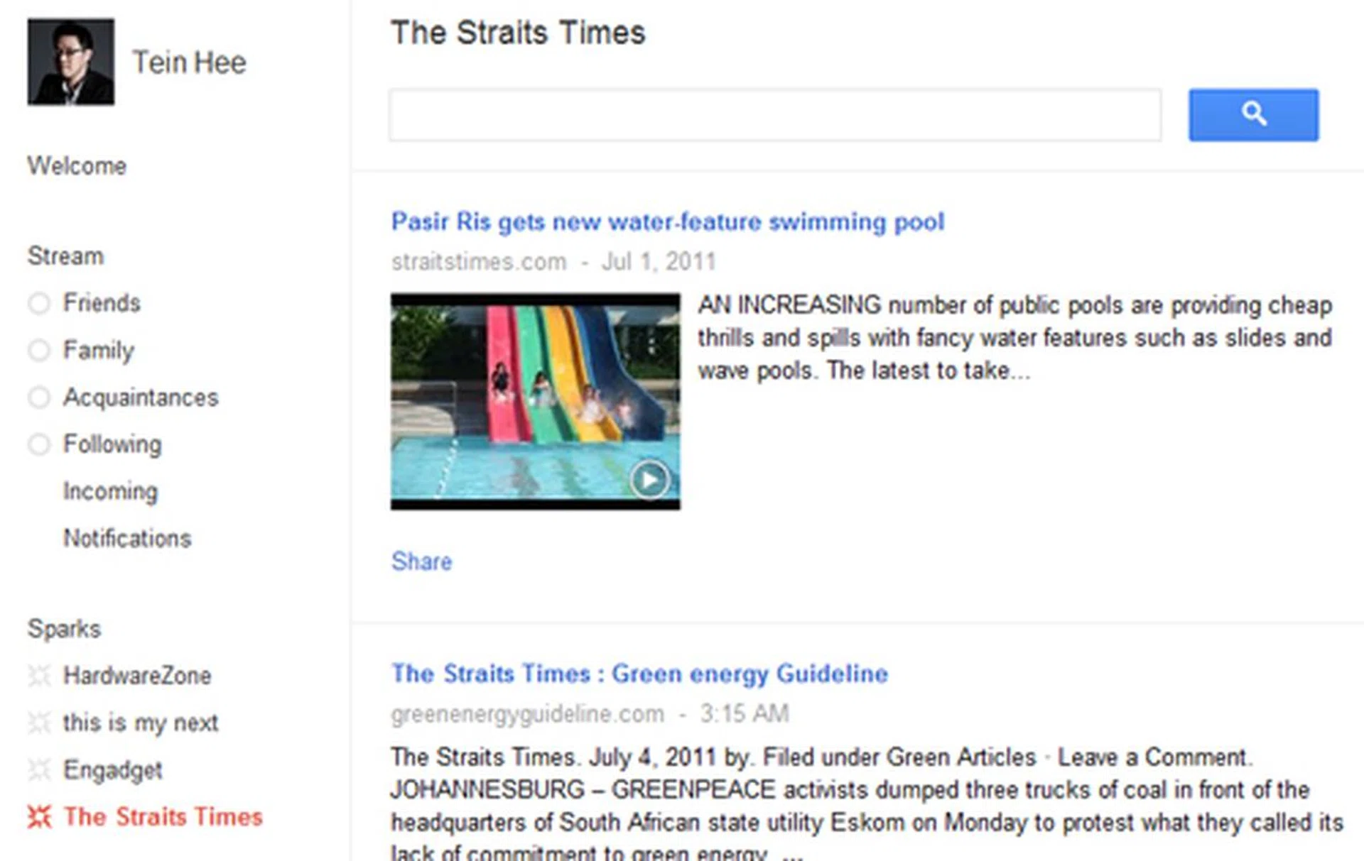 Sparks is the perfect example of how Google+ builds its social network around its search engine, listing items that are found through Google search and giving the option to share the links.