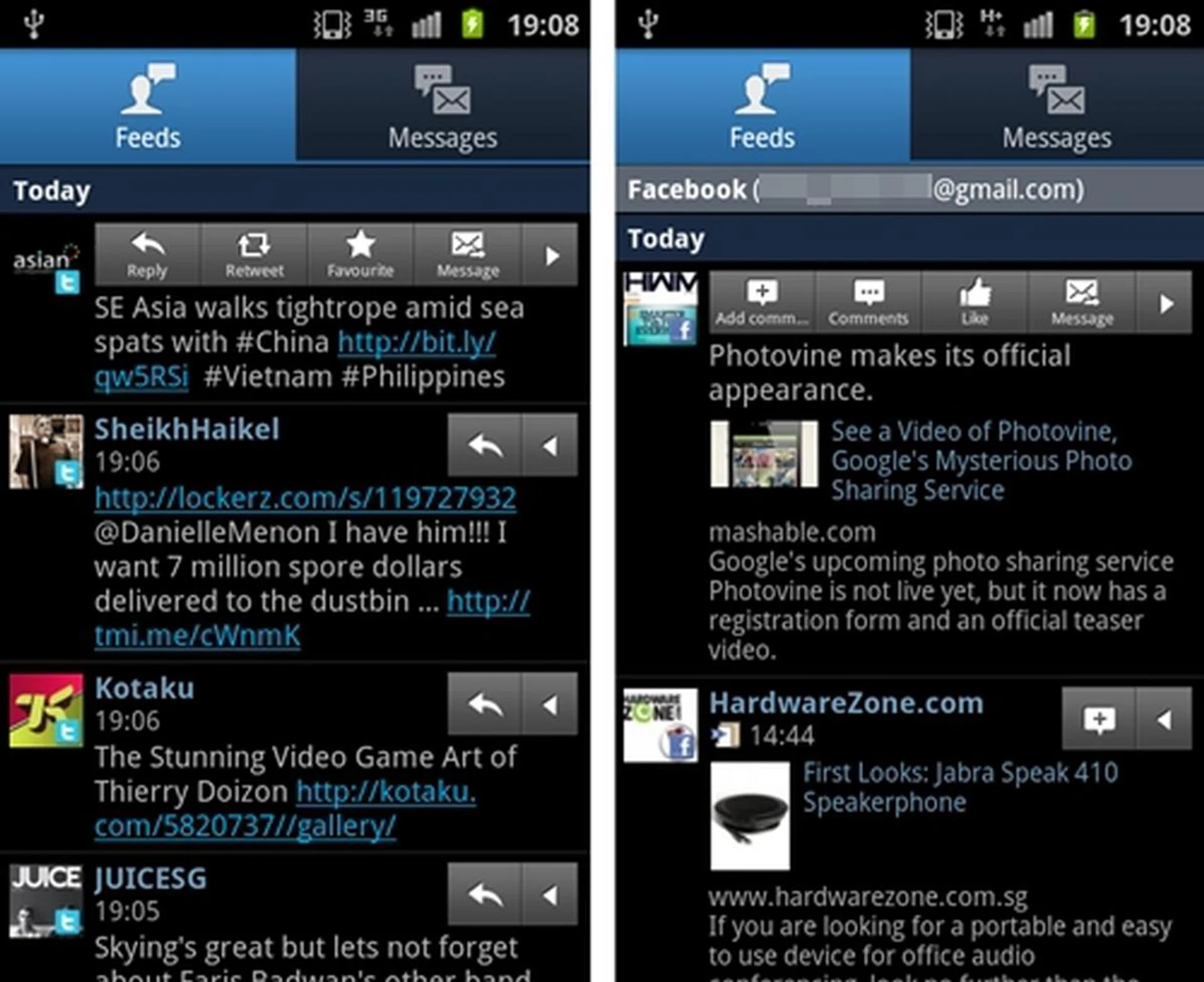 The Social Hub allows you to combine your email and IM accounts with social networking such as Twitter. These will be filtered accordingly to feeds and messages. Previously on the Galaxy S, the Social Hub stands as a very basic tool (i.e., you can't like posts, or direct message your peers), but it has seen improvements on the TouchWiz 4.0 UI. You can now do almost everything by simply clicking on the arrow button next to the individual feed update.