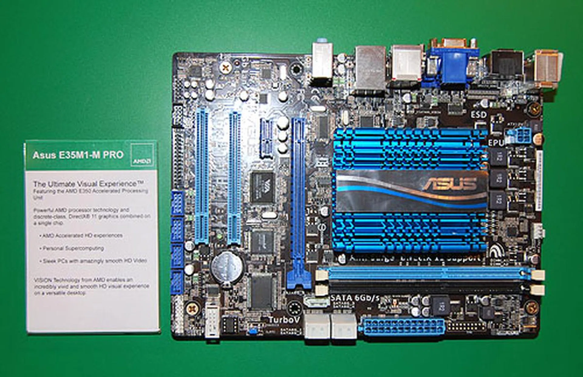 The microATX ASUS E35M1-M PRO comes with an AMD E-350 Zacate APU onboard, a PCIe 2.0 x16 slot for discrete graphics and two PCI slots for more add-on cards. 