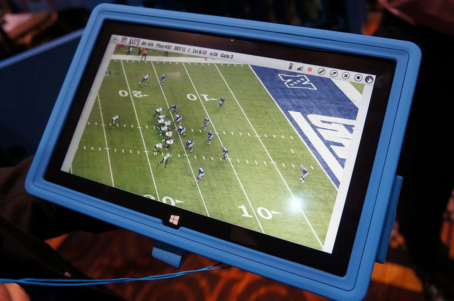 We're all familiar with Microsoft's Surface Pro 3 now, but this is the NFL edition used by the NFL team in the states. As you can see, it has a specially designed sleeve that makes it more rugged and water resistant.