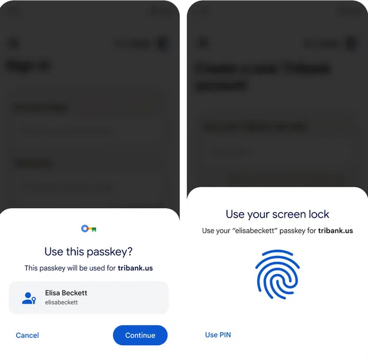 Example of creating passkeys on Android device.