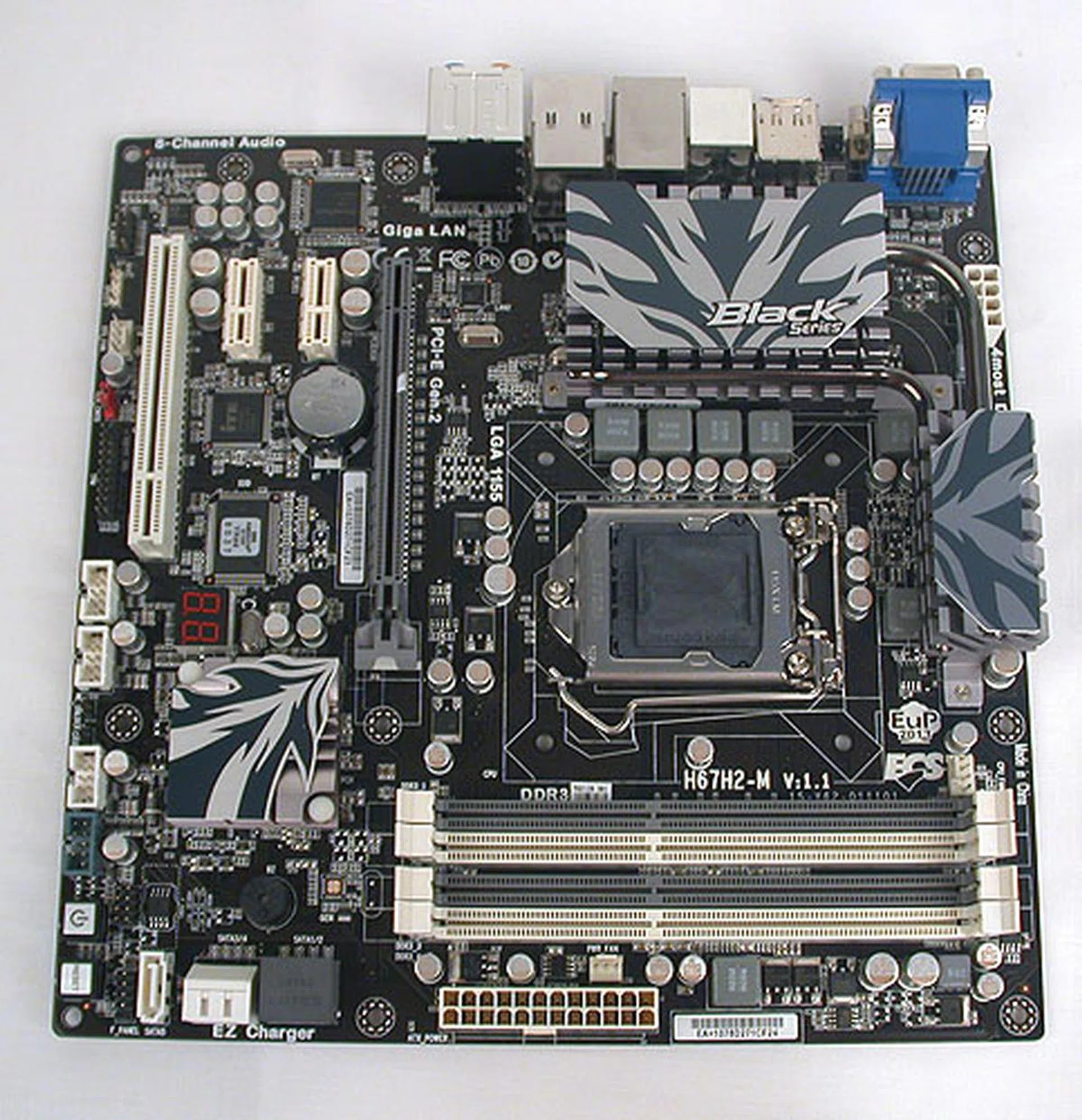 Solid capacitors are used throughout this mATX H67 board from ECS. It has the same black and gray color scheme used by ECS' Black series.