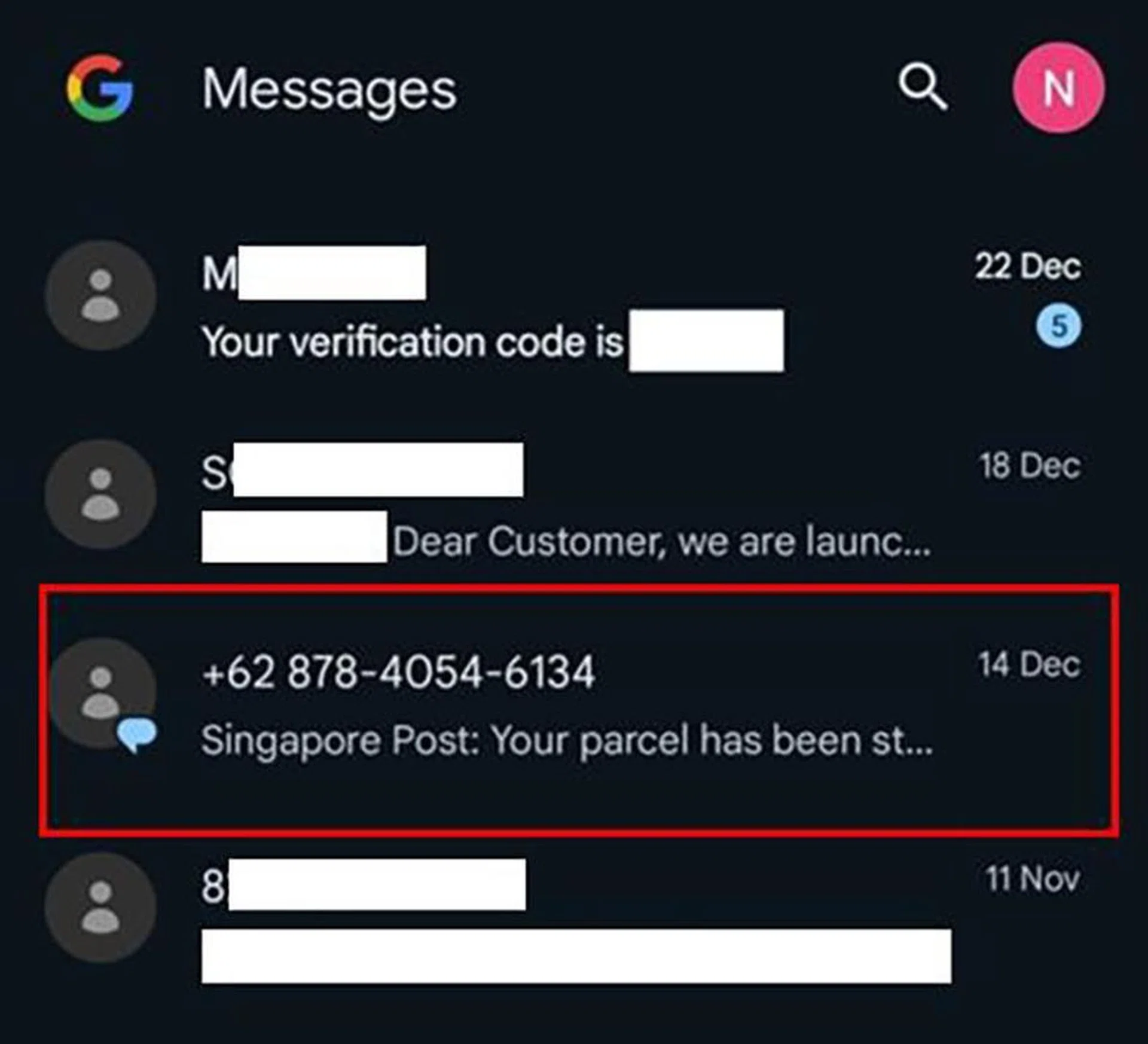 The blue text bubble next to the empty profile picture is your clue that it's an RCS message. Photo: Singapore Police Force.