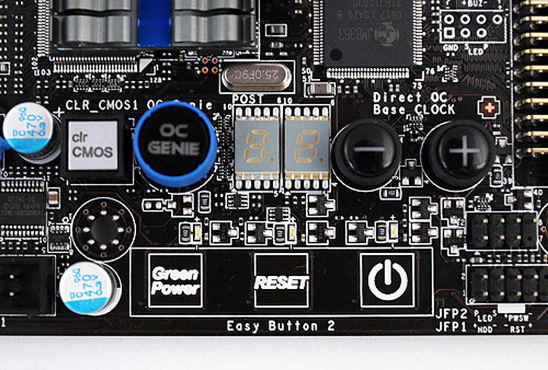Here, we can see the OC Genie overclocking tools. A simple push of this button is all it takes to overclock the system. However, you can also overclock manually using the base clock control functions. Note the new Easy Button 2 feature which are no longer using physical control buttons, but are capacitive in nature.