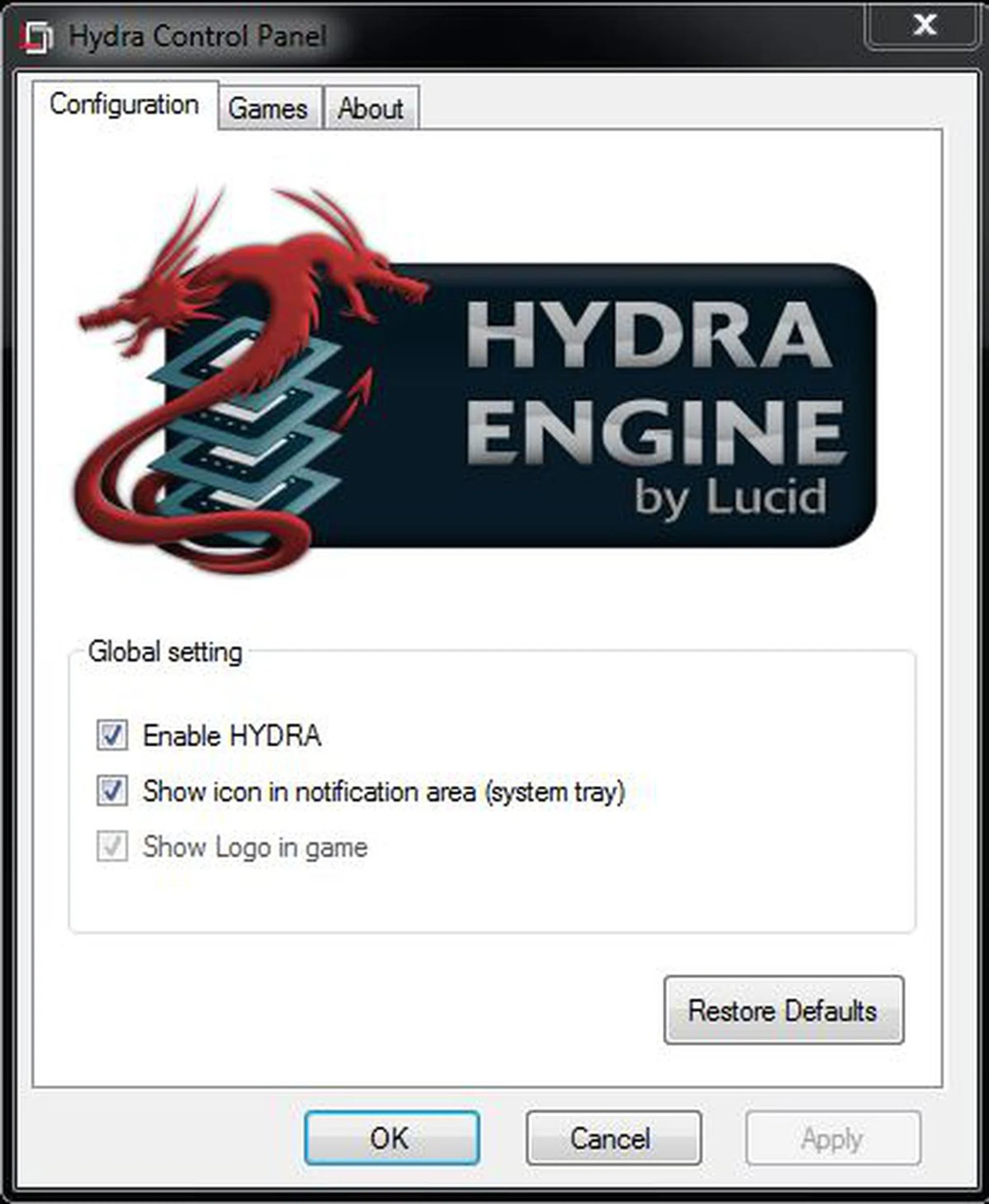 The Hydra Control panel is not exactly big on fine control, with just these options.