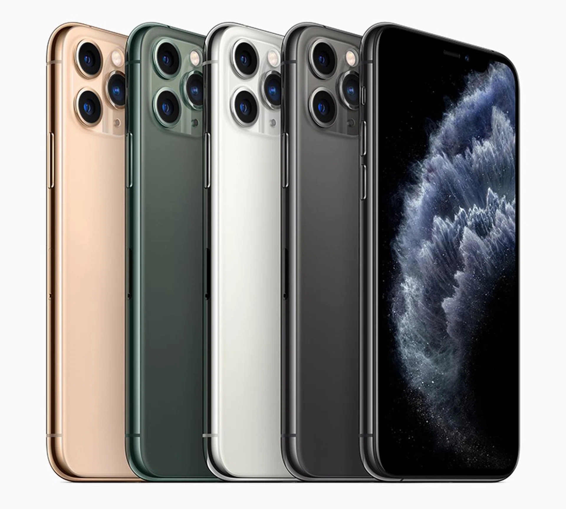 The iPhone 11 Pro comes in four colours. From left to right: gold, midnight green, silver, and space grey.
