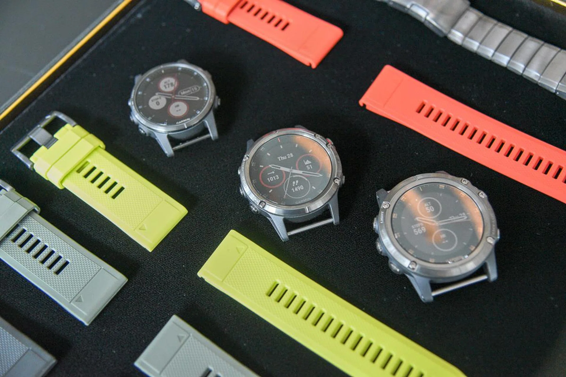 The Fenix 5 Plus come in three sizes, the smallest 5S Plus (top, left), the 5 Plus (middle), and the largest 5X Plus (bottom, right).