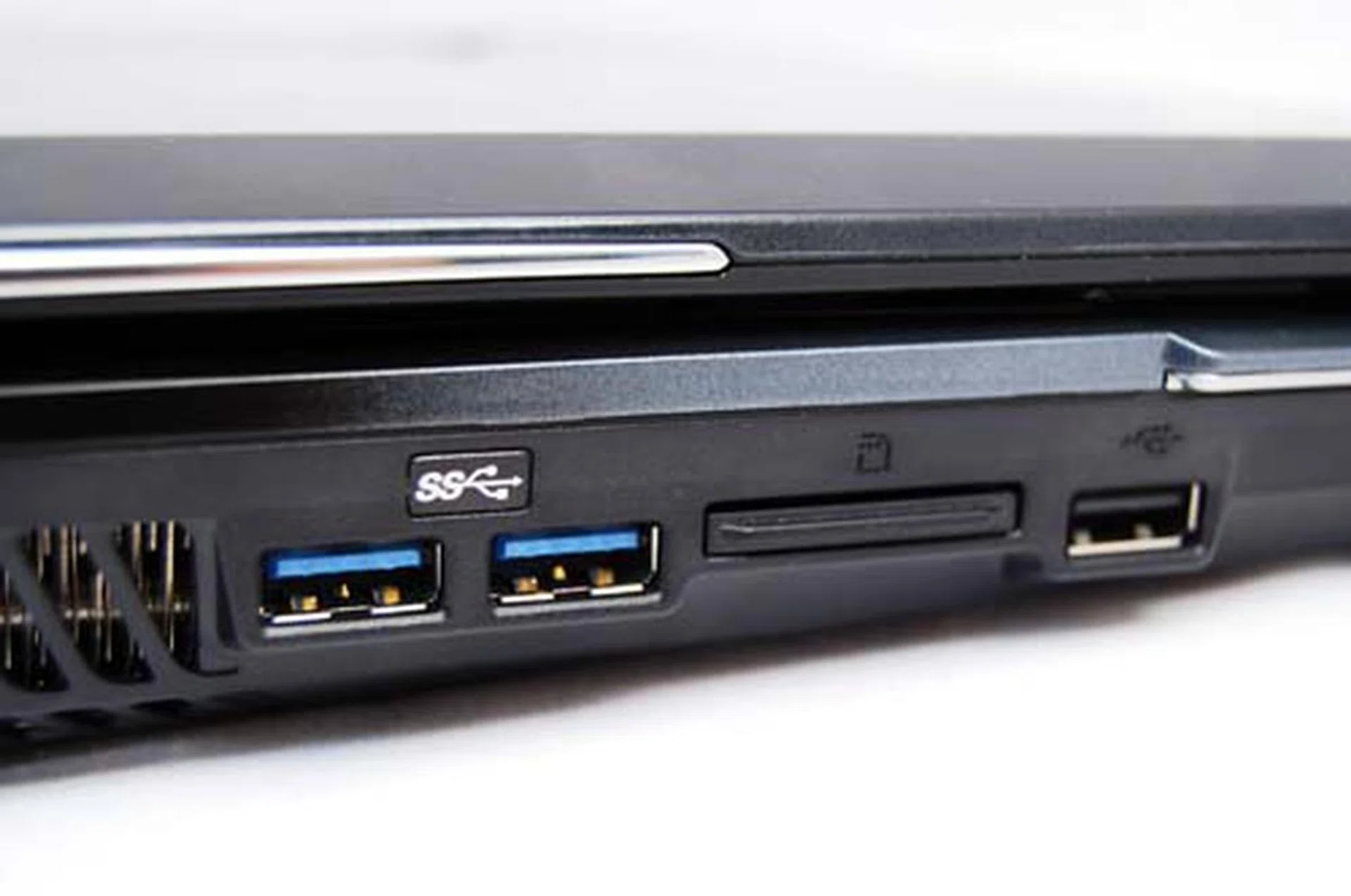 If it's speed you want, then these USB 3.0 ports should do the trick. Also seen here on the side is the memory-card reader and an additional USB 2.0 port.