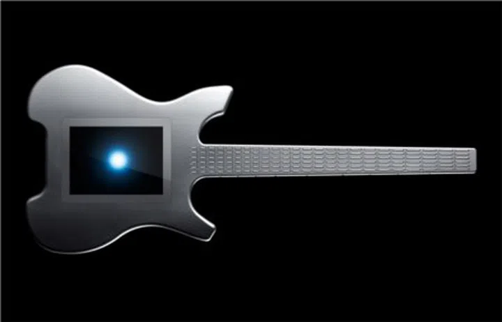 The Misa Digital Kitara guitar has buttons for frets and a touch pad where the soundhole should be.