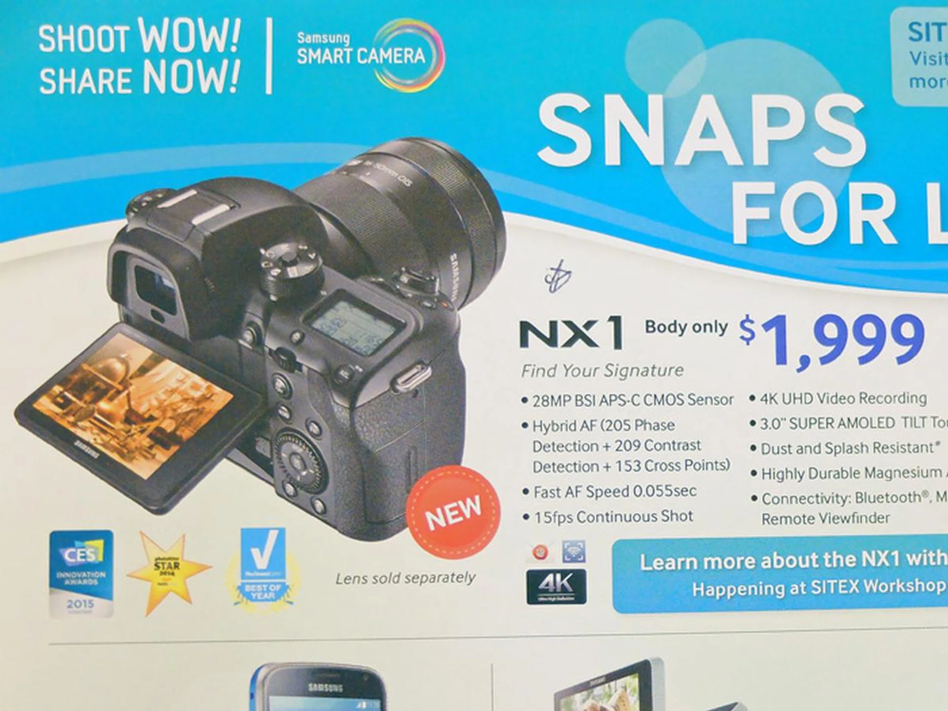 The new Samsung NX1 professional camera features five-axis in-camera stabilization, and the ability to record both 4K and UHD video direct to card – no additional equipment required! It’s available for $1,999 (body only) or $3,799, which is a premium pack which includes the body, vertical grip, 16-50mm S Lens and BTC kit with 2 batteries and a charging kit.