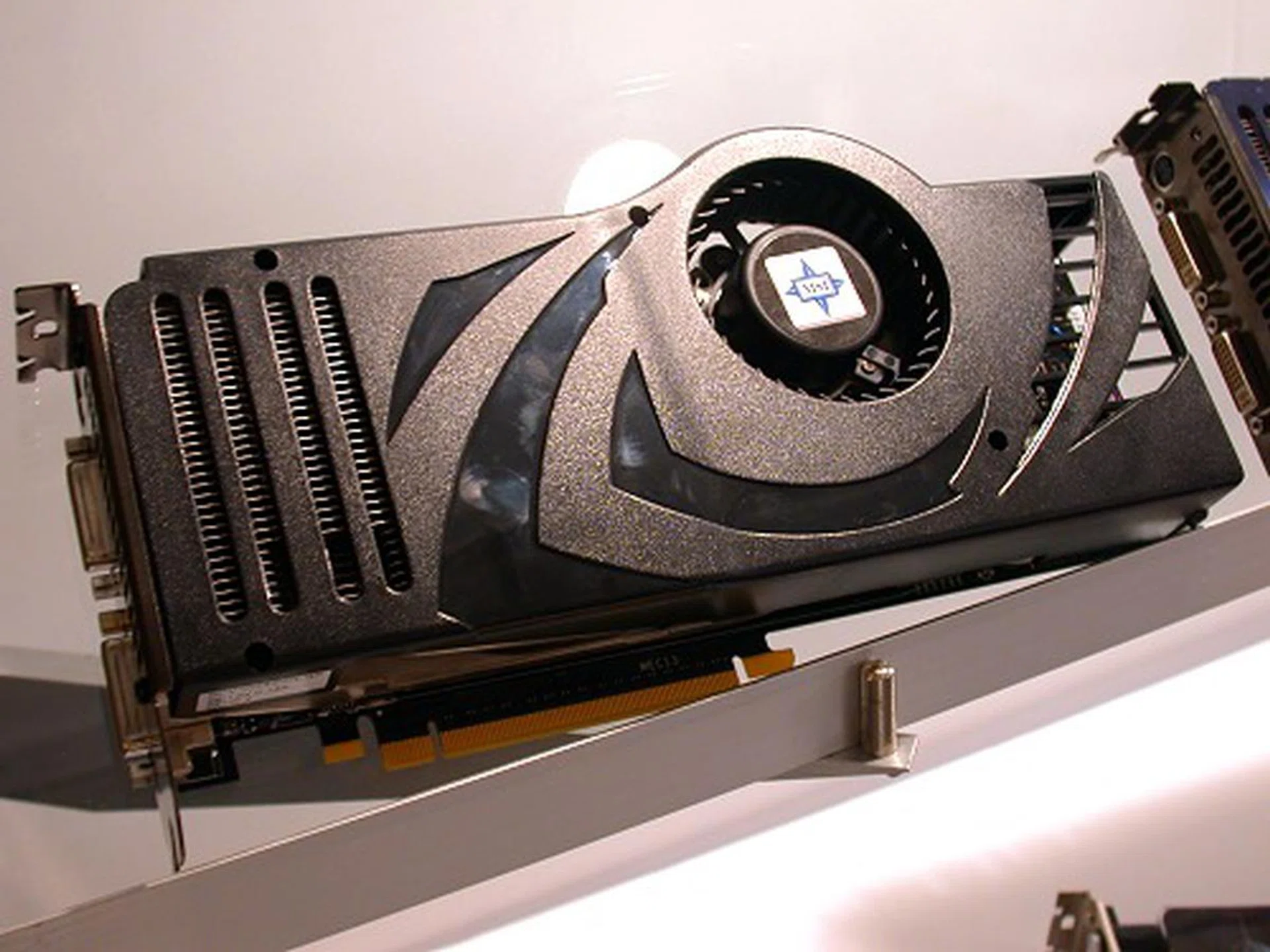  This is probably the fastest graphics card in the world. It's based on the NVIDIA 8800 Ultra GPU with 768MB of memory. MSI will offer the card overclocked, which explains why the card is called the MSI NX8800Ultra-T2D768E-HD-OC. The clock speed on this card is 660MHz on the core and 2.3GHz on the memory. As a comparison, a standard GeForce 8800 Ultra card would be clocked at 612MHz and 2160MHz for the core and memory respectively.  