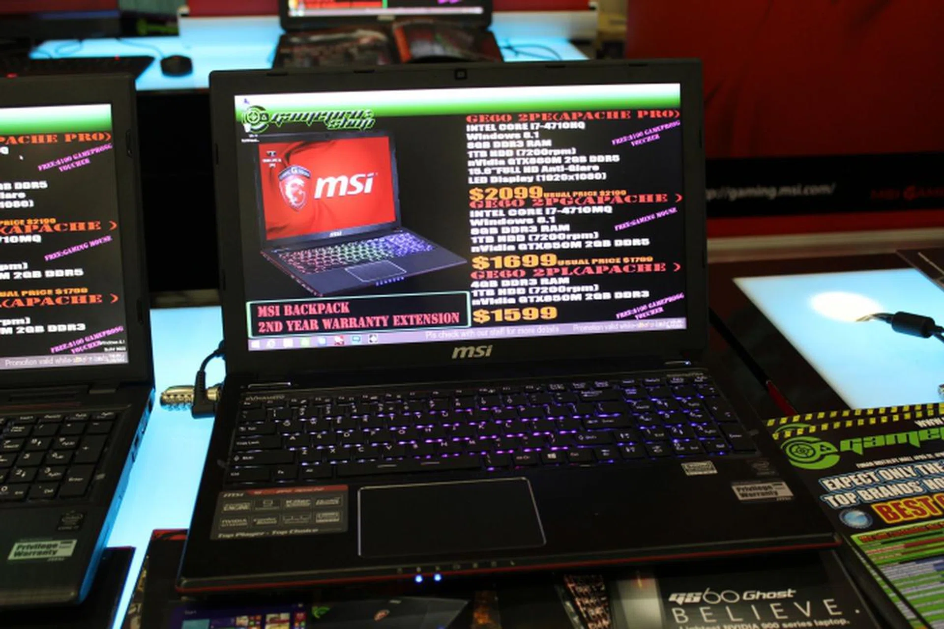 The GE60 2PG 638SG Apache has Intel Core i7-4710MQ processor, 8GB RAM, NVIDIA GeForce GTX 850M (2GB DDR5), 1TB HDD (7,200 rpm), Windows 8.1, 15-inch display (LED backlit, 1,920 x 1,080 pixels). If you’re on a budget looking for a decent gaming notebook, the GE60 2PG 638SG Apache is a great choice. You get a free MSI DS100 mouse if you get it at Sitex. It’s on sale for $1,699, down from its usual price of $1,799. 