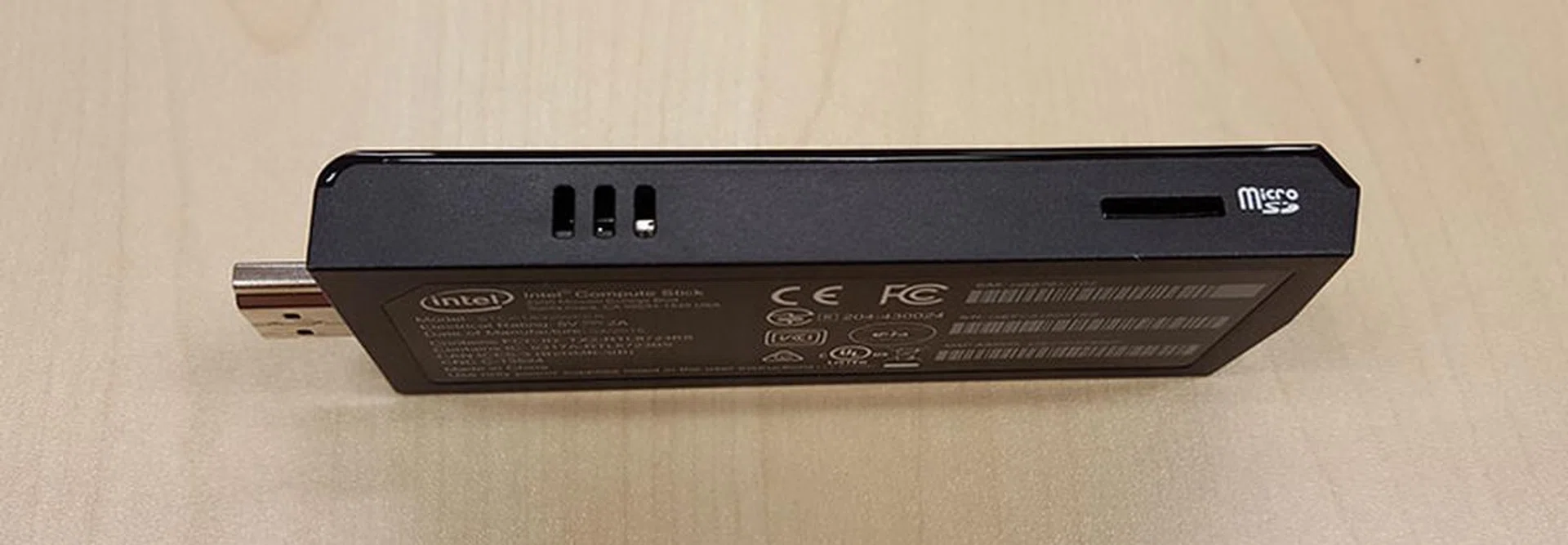 The Intel Compute Stick has a microSD card slot for expandable storage up to 128GB. 