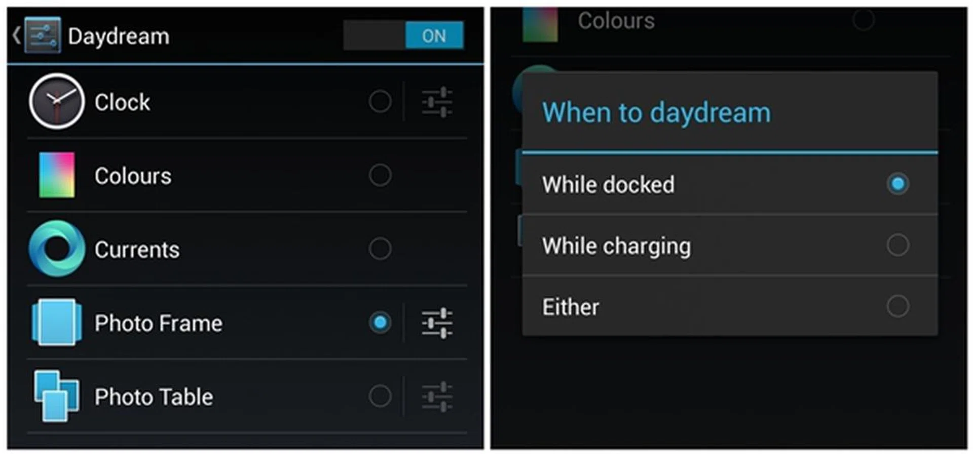 You can choose what to display (left) and when to activate Daydream (right).