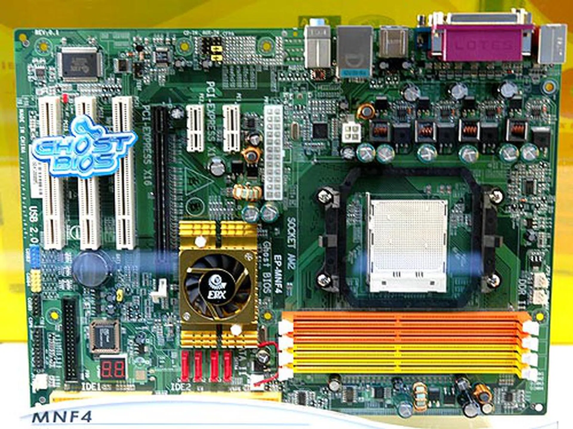 Based on the NVIDIA nForce4 chipset, the MNF4 is a mainstream board for the Socket M2 processor. It has one PCIe x16 graphics slot, two PCIe x1 slots, three PCI slots, four SATA 3G RAID ports and one Fast Ethernet LAN port.