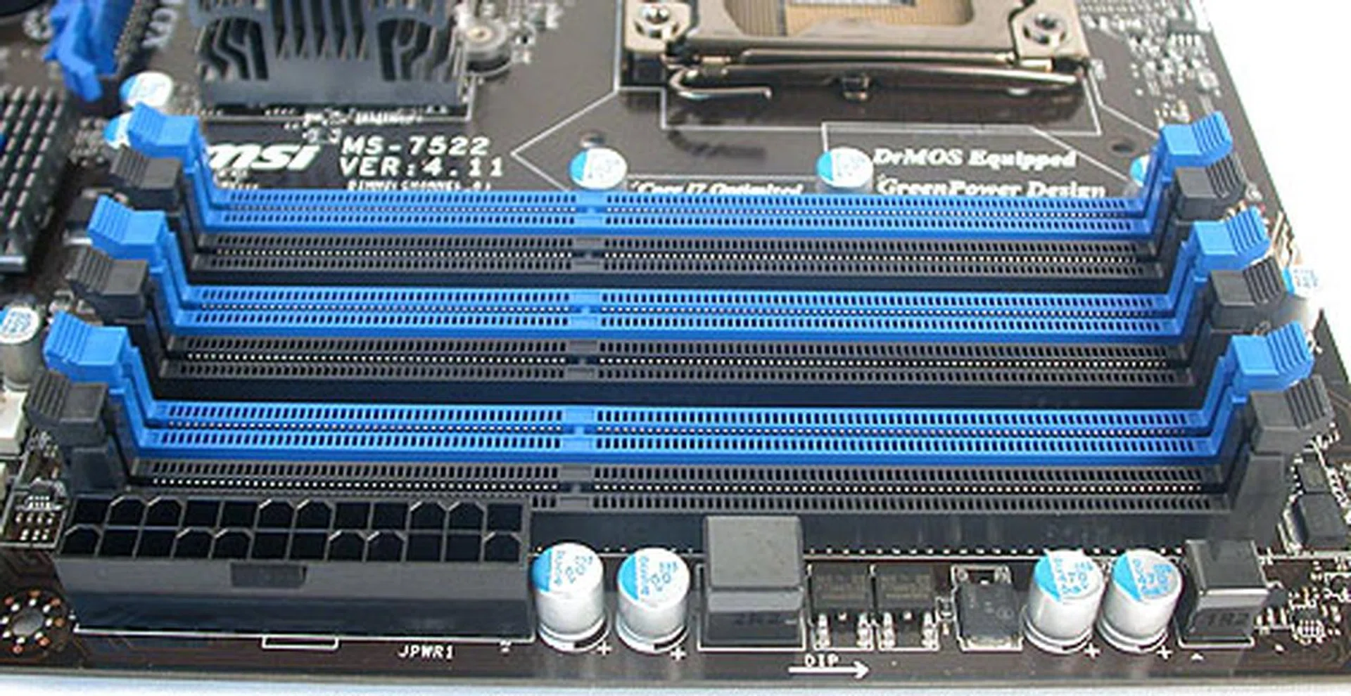 The usual six DIMM slots with the ATX power connector. 