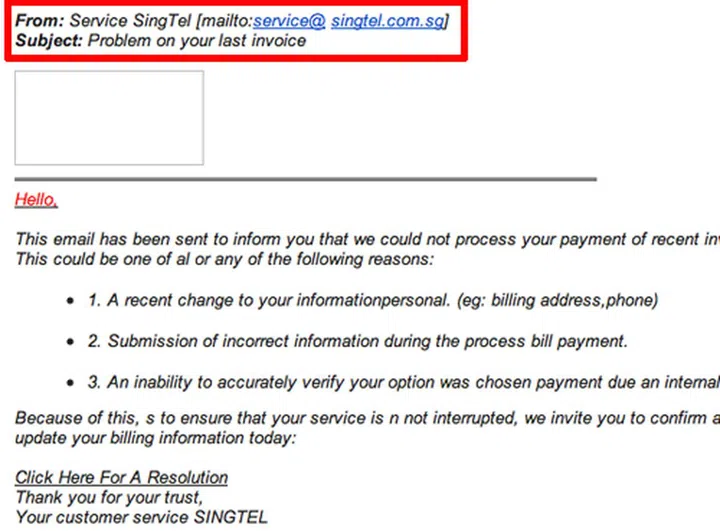 Be wary of emails originating from suspicious sources. (Image source: SingTel)
