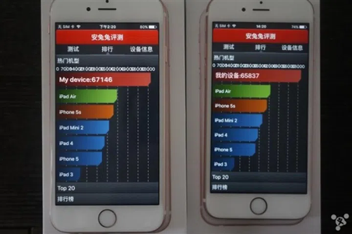 Left: Apple iPhone 6s with the 16nm TSMC A9 chip. <br> Apple iPhone 6s with the 14nm Samsung A9 chip. <br>Image source: MyDrivers