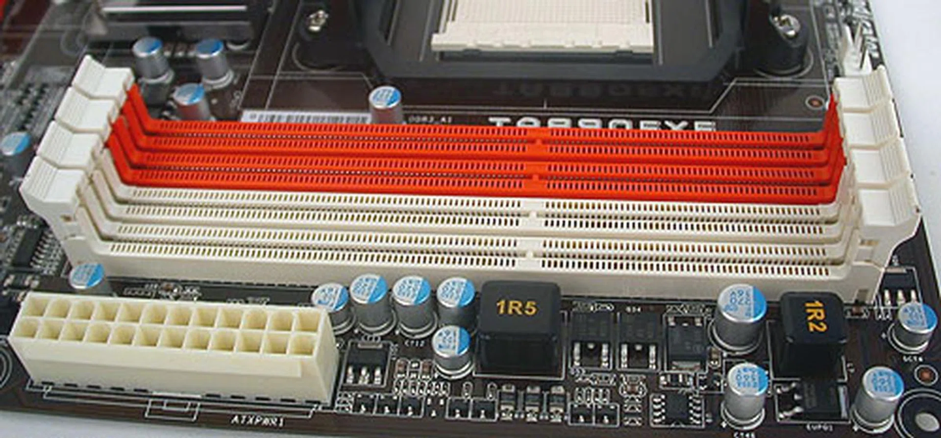 The DIMM slots are rather standard and normal. Color-coded for easy installation, with ample allowance on both ends of the slot for the latch mechanism.